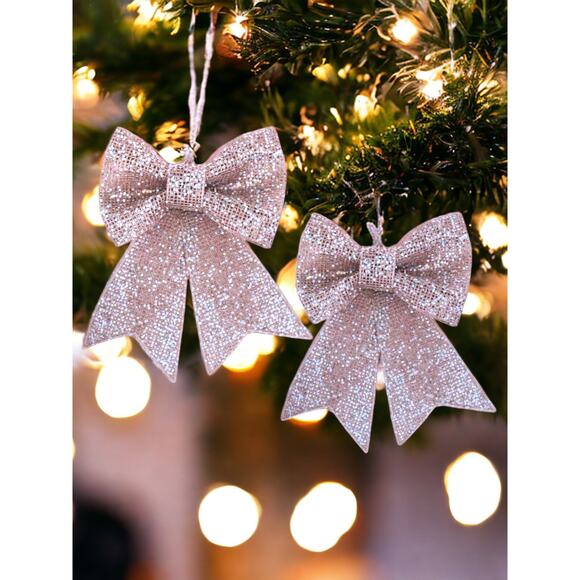 2- Mesh Bow Ornaments Christmas Large 11 in Pink Glittering Hanging - Picture 4 of 4